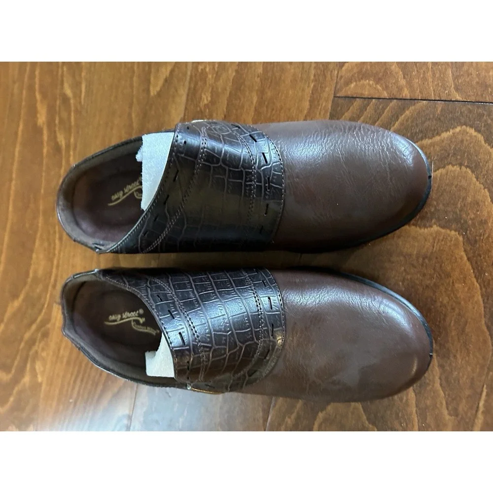 Easy Street Women's 7 W Brown Heeled Mules Faux Leather Slip Ons‎ NEW